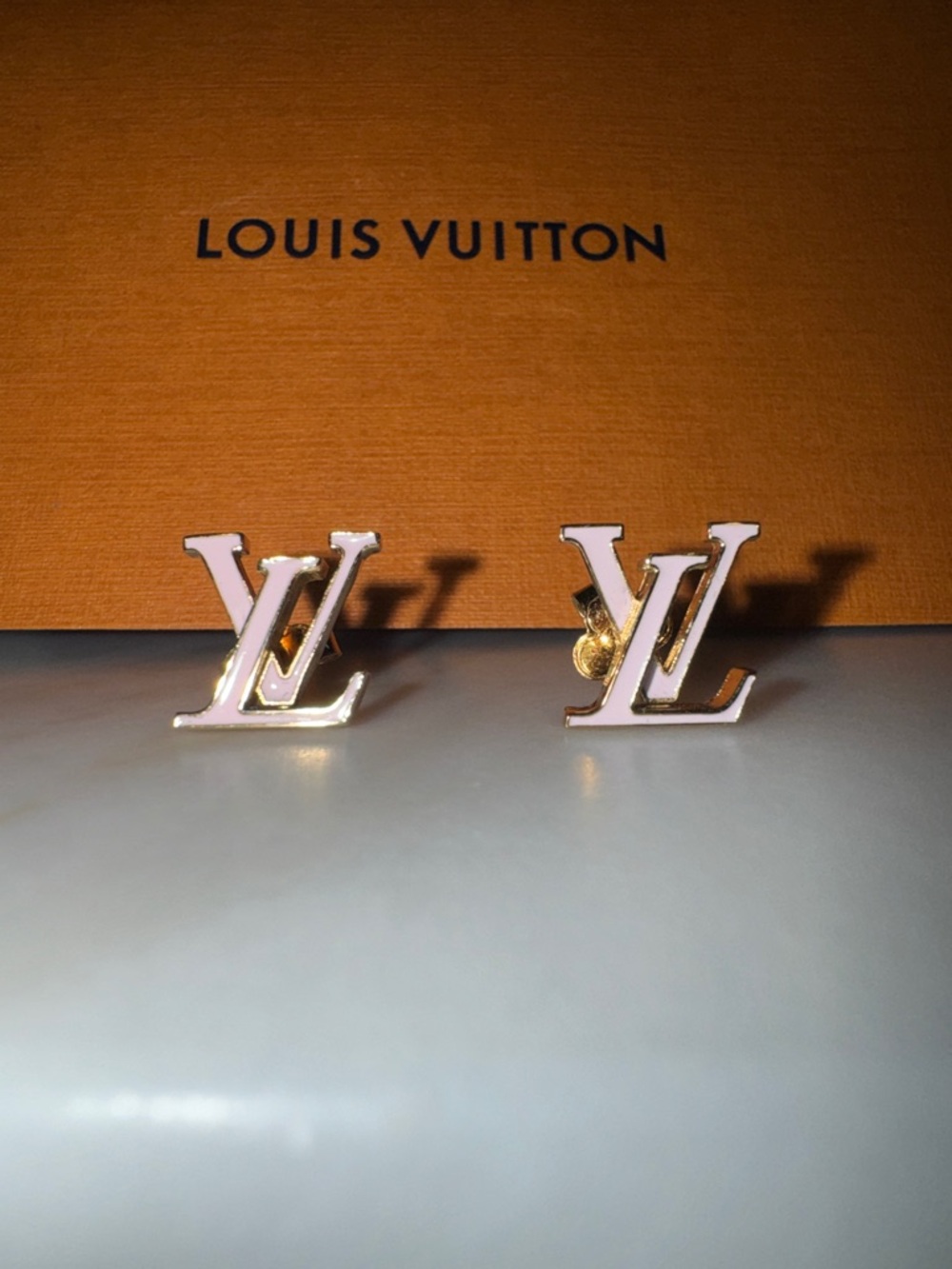 Louis Vuitton Pink Enamel LV Stud Earrings with Gold Tone
